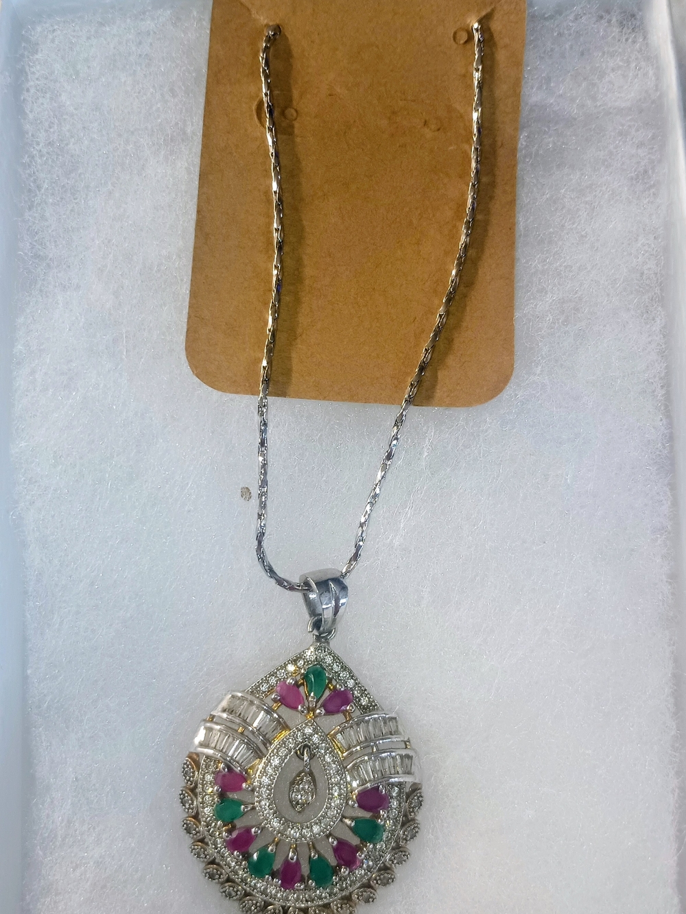 Silver Teardrop Pendant Necklace with Pink and Green Accents